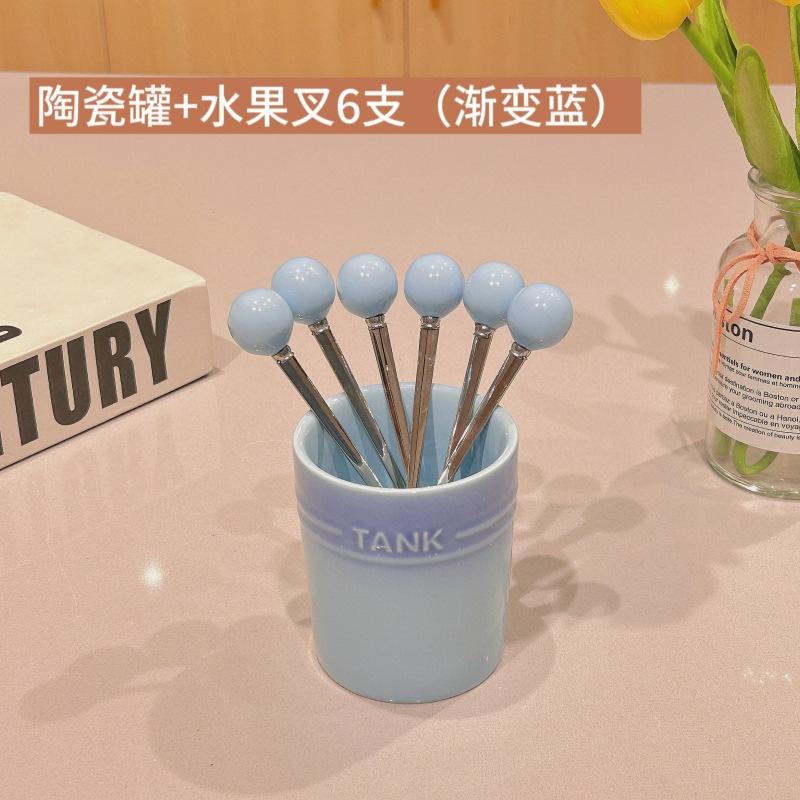 Colorful Stainless Steel Fruit Fork Creative High-Value Ceramic Storage Jar Moon Cake Dessert Cake Fork Combination Set
