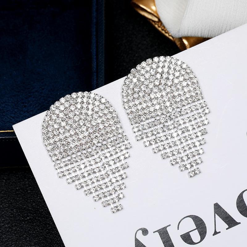 

S925 silver needle fashion temperament full diamond fringed stud earrings female personality exaggerated long earrings banquet earrings