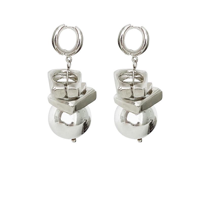 Niche High-End Silver Metal Cold Wind Geometry Spherical Pendant Ear Buckle Fashionable Commuter Must-Enter Earrings