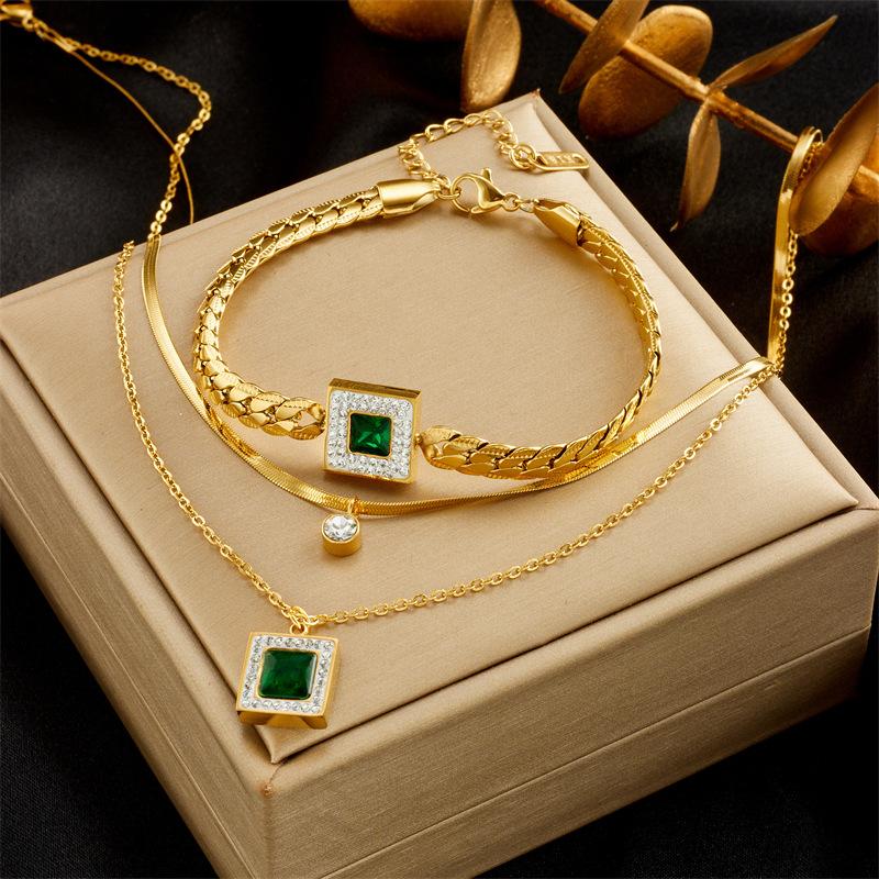 Gold Plated Square Emerald Cubic Zirconia Jewelry Set Necklace Bracelet