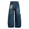 Unisex Vintage College Style Washed Denim Jeans With Embroidered Cartoon Motif Loose Straight Cut Casual Pants