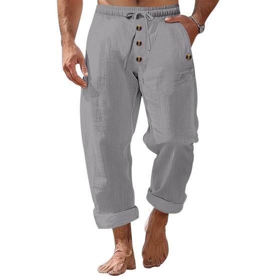 Men's Casual Linen Trousers Elastic Waist Drawstring Baggy Trousers Solid Color Loose Fit Summer Pants with Pockets for Beach Yoga Wear