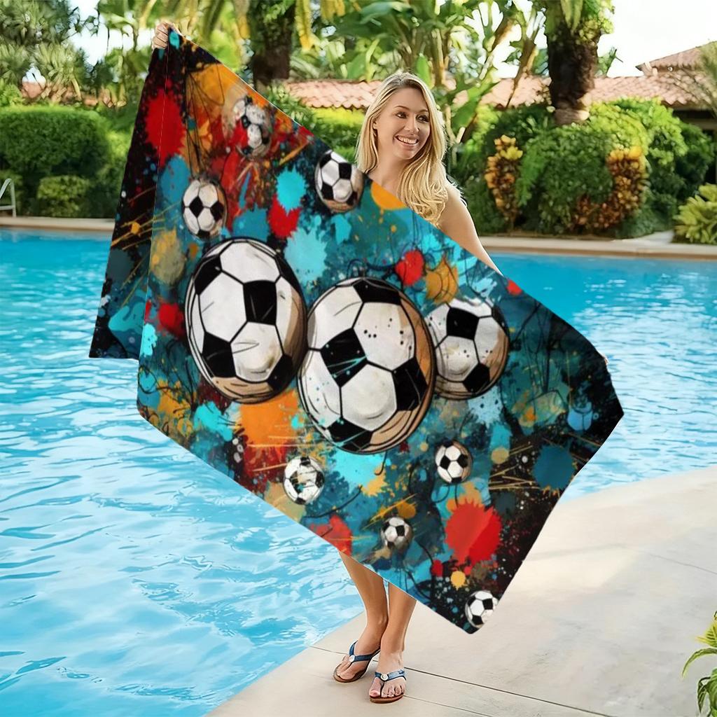 Graffiti Soccer Ball Beach Towel, Abstract Color Splash Football Print Microfiber Towel, Quick Dry Sports Bath Towel for Men Boy