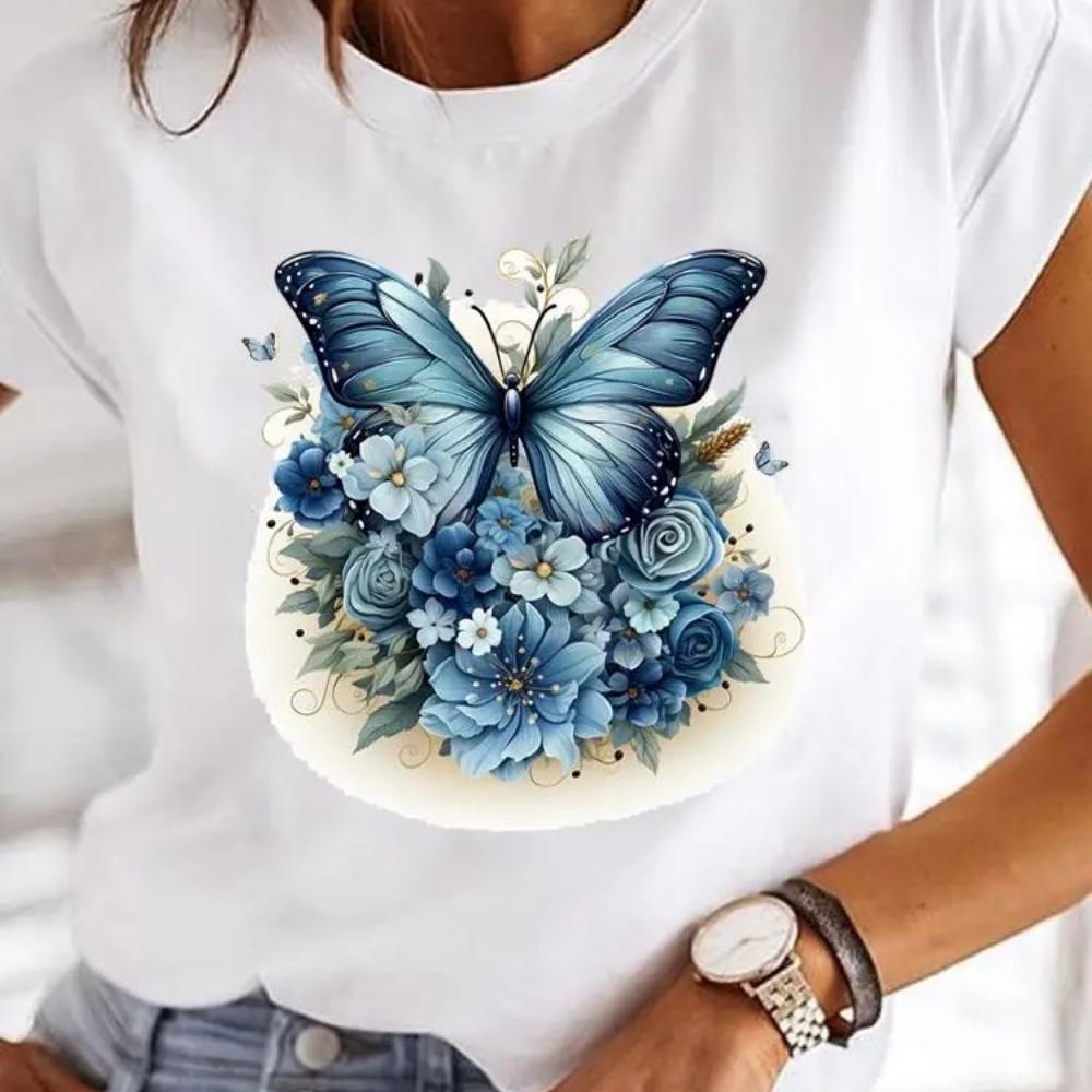 Butterfly Trend 90s Casual Top Clothes Female Short Sleeve Print Tshirts Fashion Oneck T Clothing for Women Graphic Tee