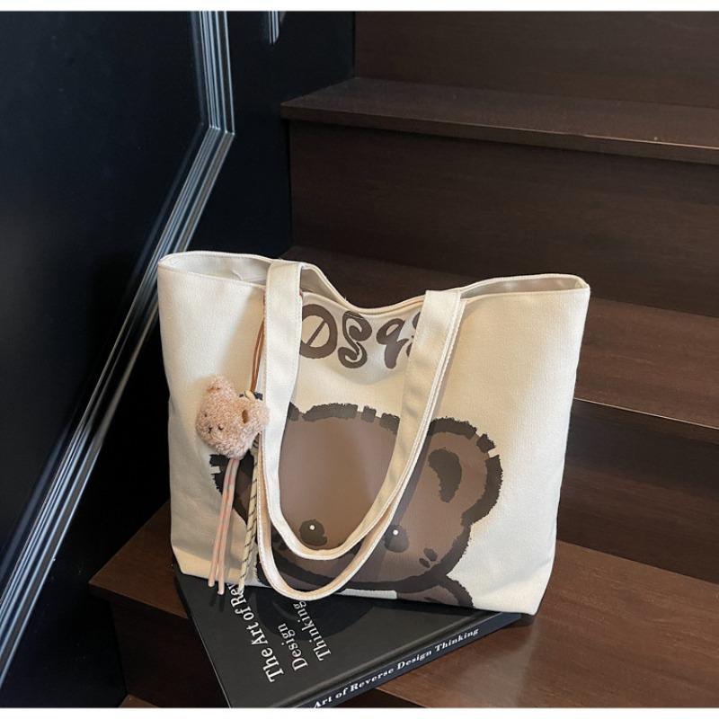 Large Capacity Lazy Wind Bag Women's New Bear Canvas Bag College Students Commute To Class Shoulder Tote Bag