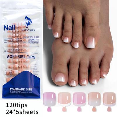 Tips pentru unghii de la picioare pătrate scurte cu gradient franțuzesc, stil minimalist retro, set de 120 de bucăți