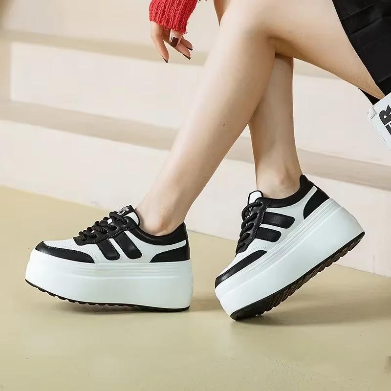 Fashion 8CM Trend Leather Women Synthetic Chunky Sneakers Spring Skateboarding Casual Platform Wedge Female Autumn Vulcanize Shoes