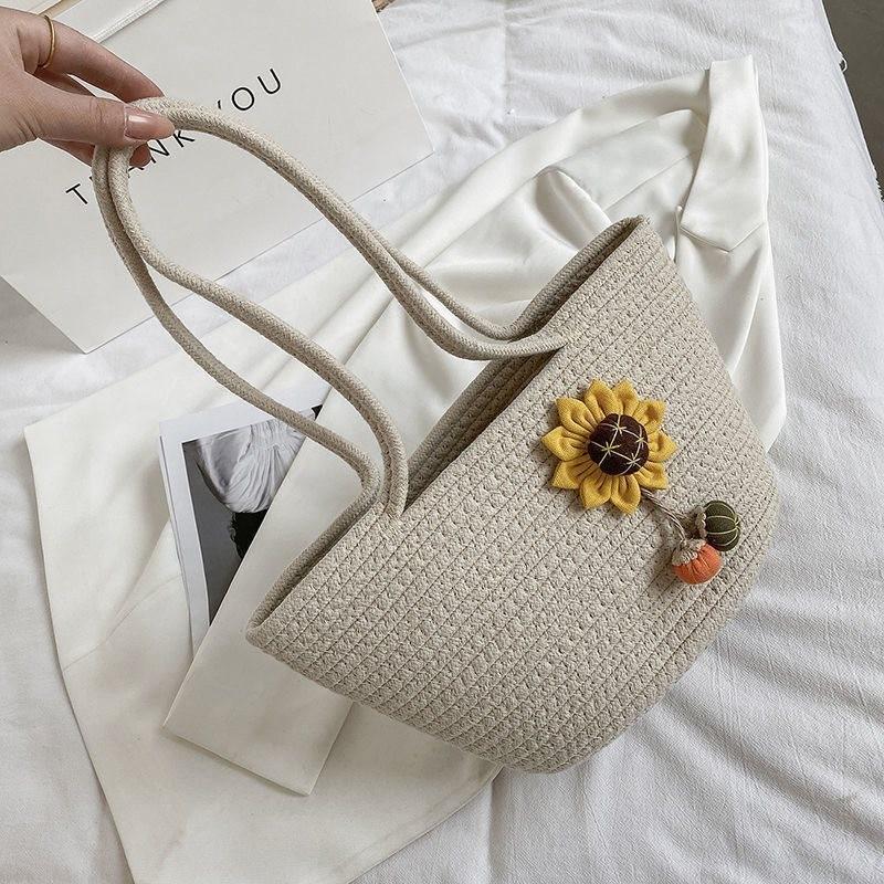 Stylish Sunflower Woven Cotton Bag For Women In Beige And Brown Perfect For Everyday Use