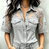 Women Casual Loose Fit Denimstyle Spliced Top With V Neck And Floral Embroidery For Fashionable Streetwear