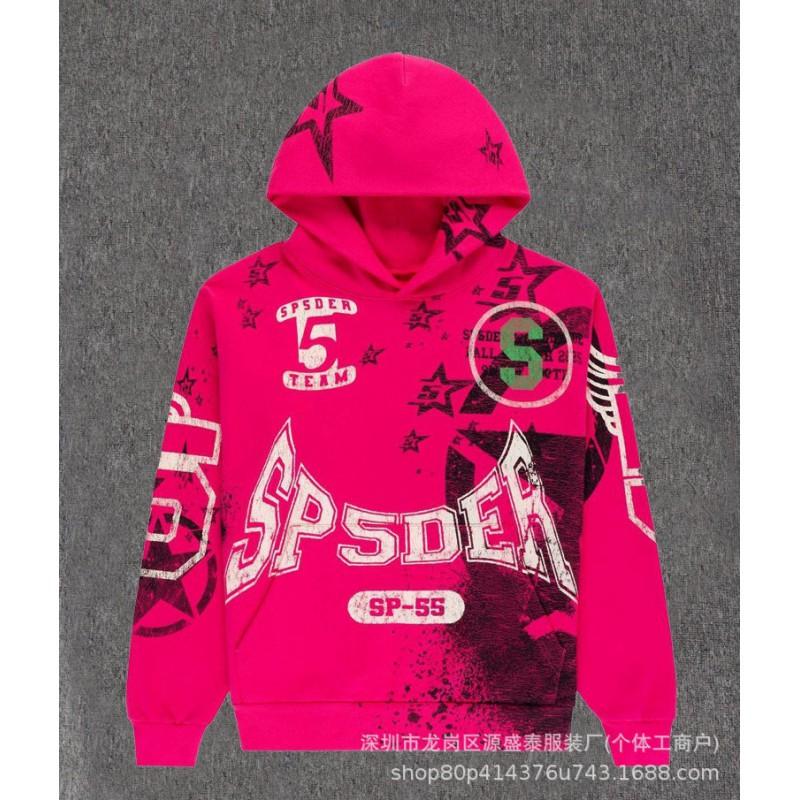 Sp1der Rapper YoungThug Same Foam Letter 555555 Couple Hoodie Pink Sweatshirt