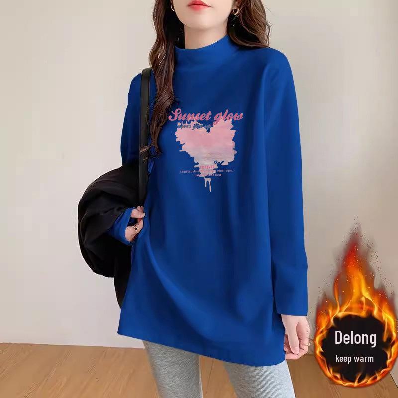Plus Size Women's German Velvet Long Sleeve T-shirt: Loose Mid-Length Base Shirt for Early Spring, Autumn, and Winter.