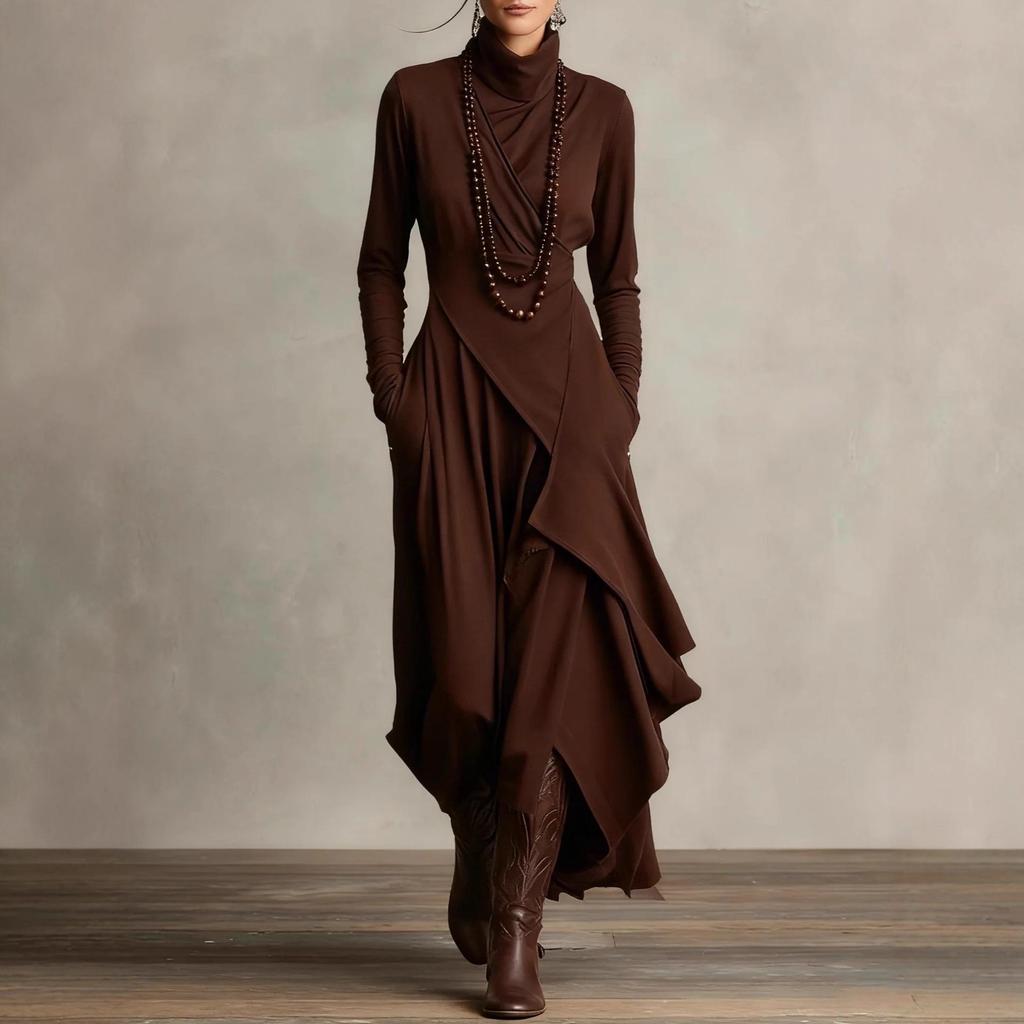 2025 European Women's Solid Color Long Sleeve Turtleneck Maxi Dress