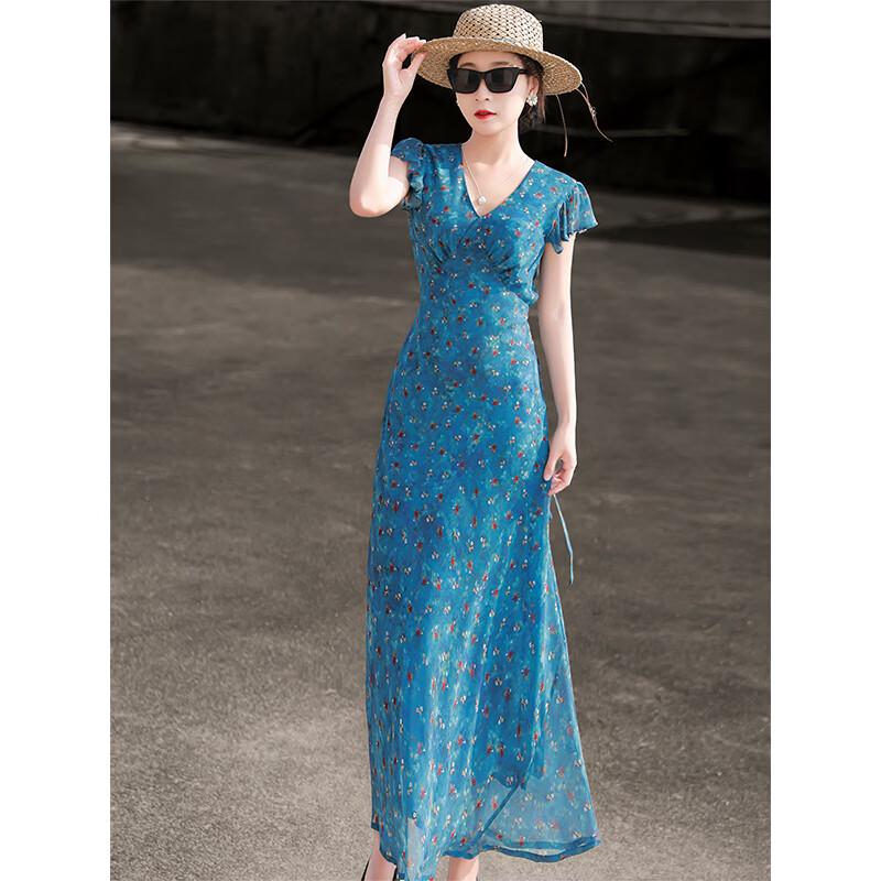 Elegant French Style Printed V-neck Maxi Dress M
