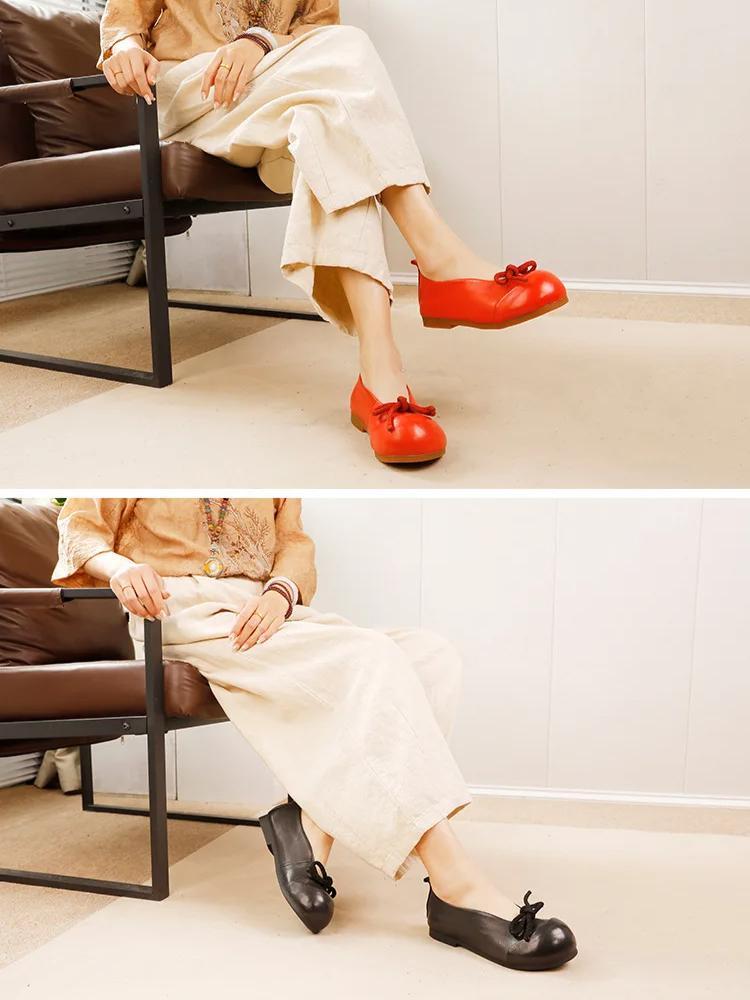 Johnature Women's Shoes Genuine Leather Flat Shoes Soft Soled Butterfly Bow Shallow Slip-on Shoes