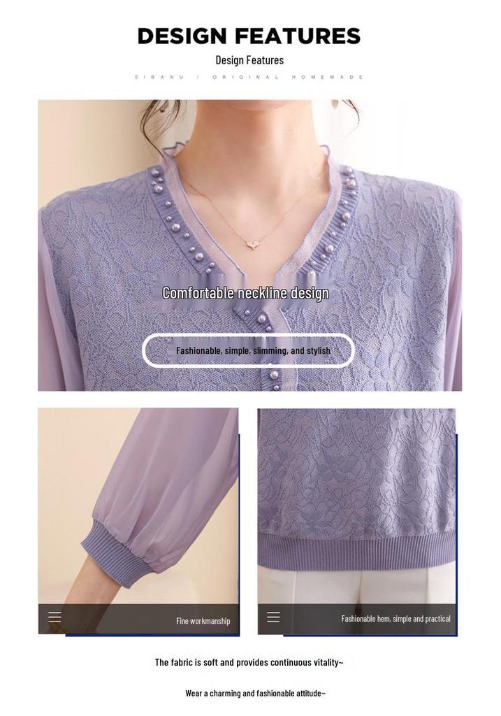 Mom's Spring Three-Quarter Sleeve Knit Top for Middle-Aged and Elderly Women