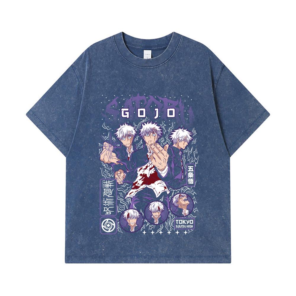 275 GSM Washed T-shirts 100% Cotton Jujutsu Kaisen V24 Gojo Print Unisex Heavy Cotton T Shirt