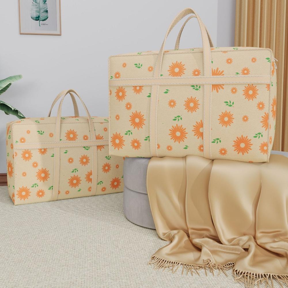 Daisy Print Nonwoven Storage Bags Hand Carry Foldable Organizers Home Moving Luggage Closet Storage Solutions Reusable Collapsible Laundry Containers