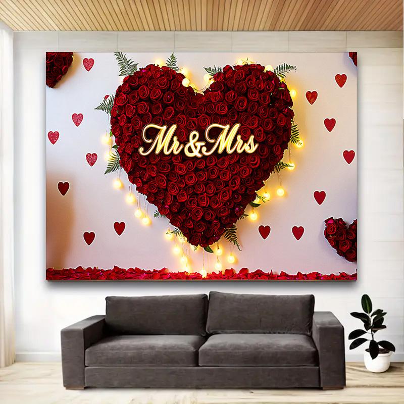 Mr & Mrs Wedding Backdrop with Red Rose Heart Design,Photo Background,Wall Decor,Party Supplies,Anniversary Backdrop,Reusable Wedding Decor