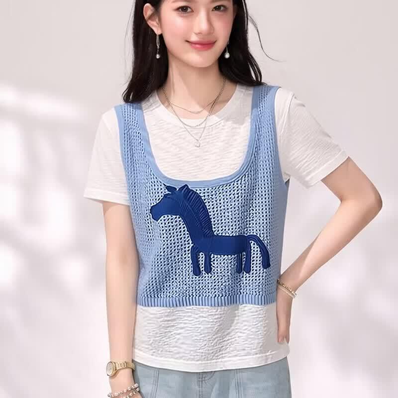 La Chapelle Women s Cute Printed Fake Two-Piece T-Shirt M