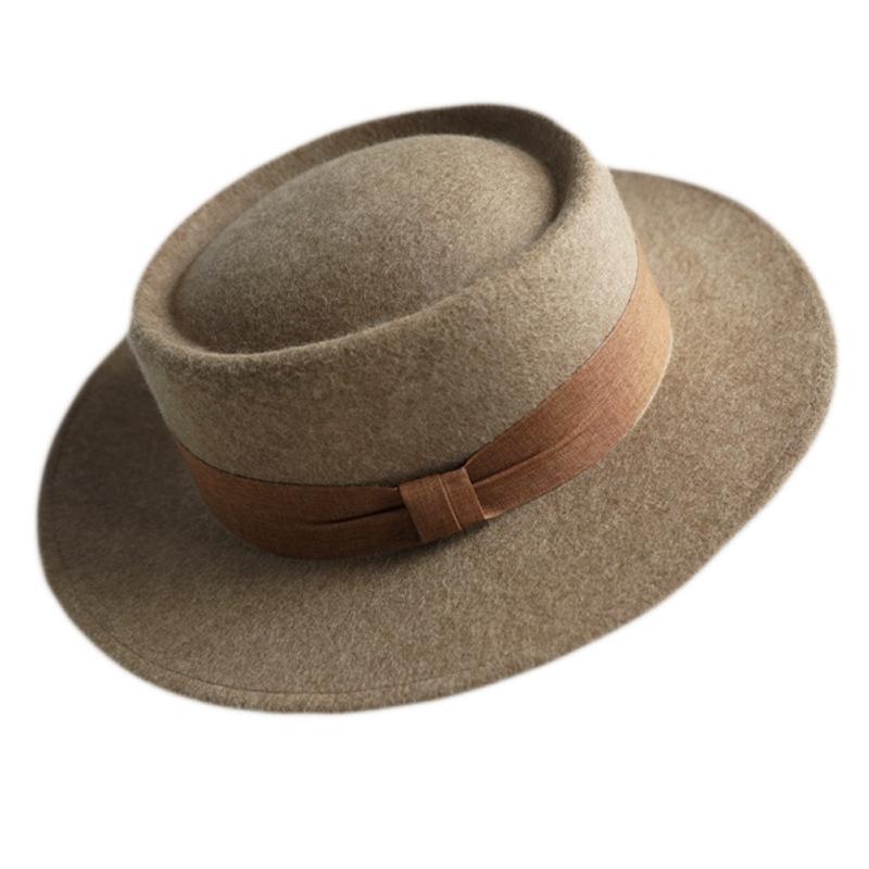 French Retro Elegant Mocha Oat Mixed Camel Flat Top Top Hat Women'S Autumn And Winter British Wool Felt Foreign Trade