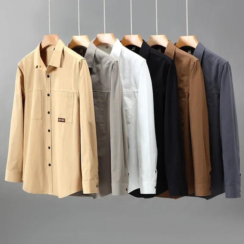 Spring Fall New Men's Shirts Japanese Vintage Cargo Shirt Men Long Sleeve Casual 100%Cotton Double Pocket Shirt Simple White Top