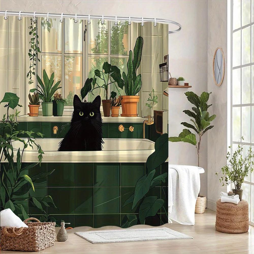 Window Observer Shower Curtain - Black Cat Overlooking Rainwall Hanging Living Room, Bedroom Decoration - Warm Home Decoration