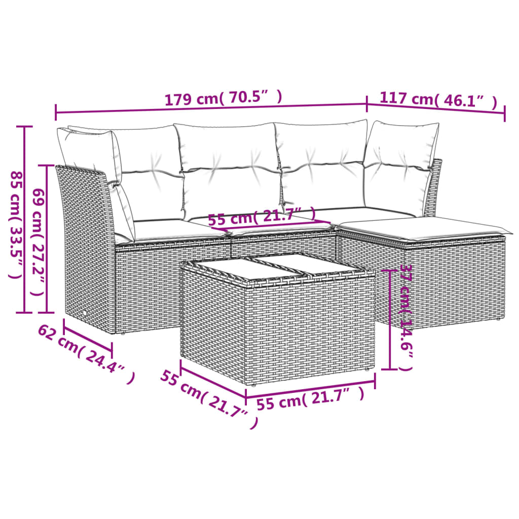 Vidaxl 5-Cz. Garden Lounge Set, Cushions, Black PE Rattan