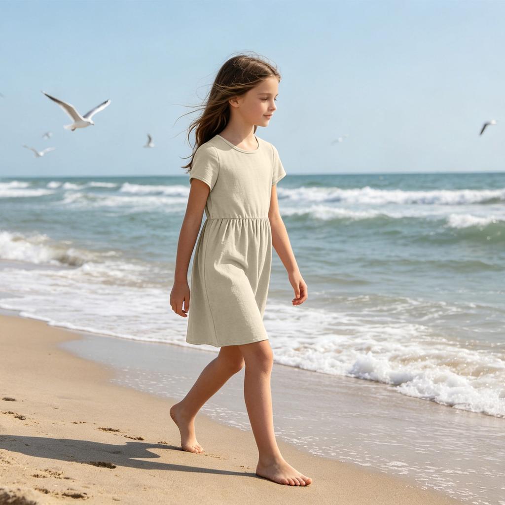 Girls Short Sleeve Dress Casual Loose Fit Breathable Cotton Linen Blend Summer Dress with Gathered Waist and Round Neck for Daily Wear