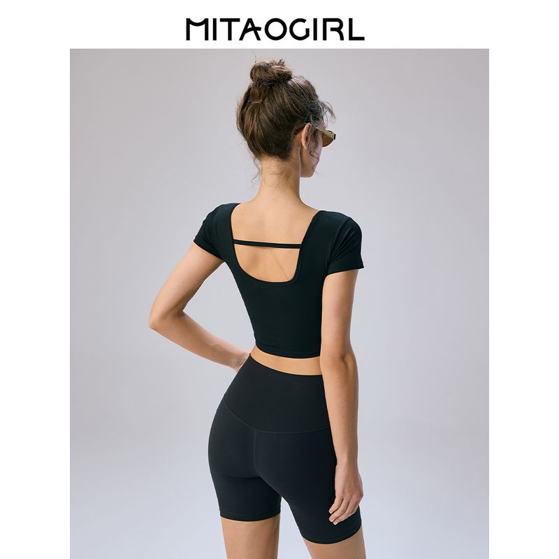 Mitaogirl Kendall Wind Sports Top Women Short Backless Fitness Yoga Clothes Summer With Chest Pad Short Sleeve T-shirt