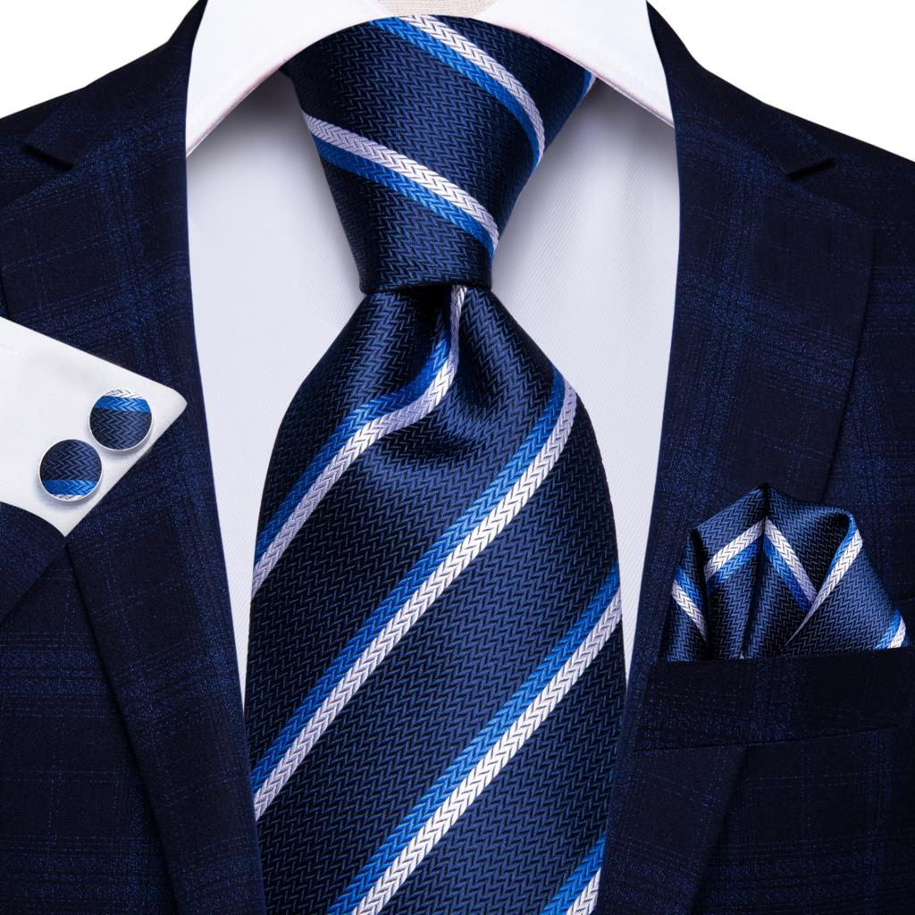 Hi-Tie Navy Blue Striped Silk Wedding Tie For Men Fashion Design Gift Men Necktie Hanky Cufflink Set Business Party Dropshiping
