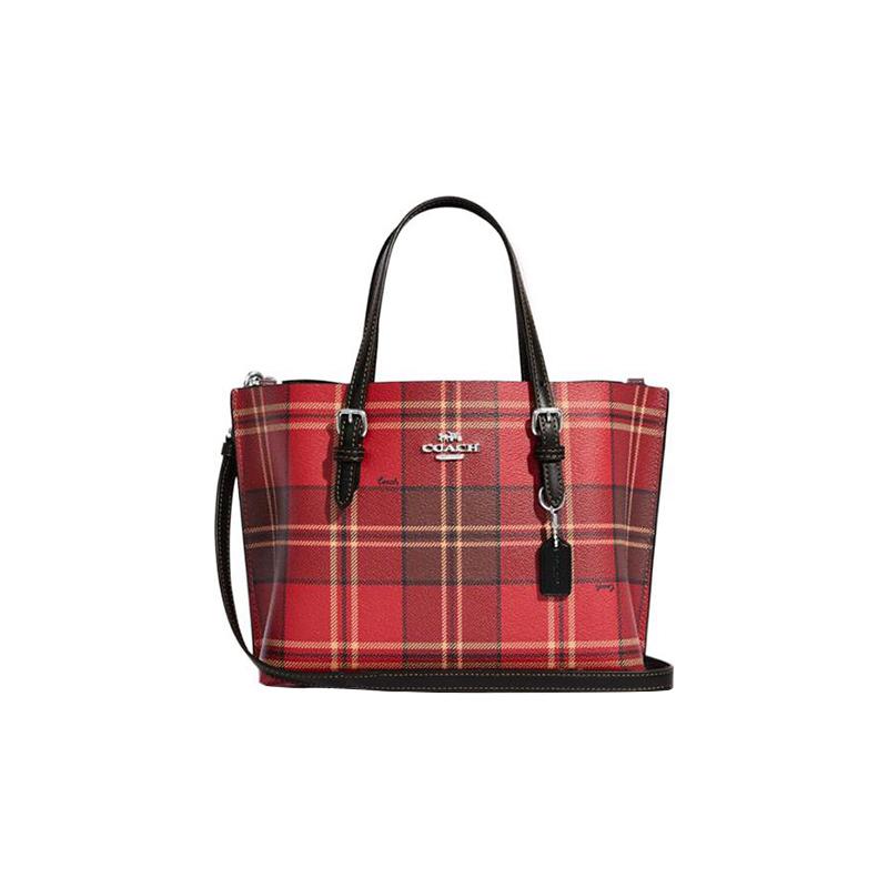 

COACH Mollie Zipper Checkered Print Coated Canvas and Leather Tote Bag Tote Bag Shopping Bag Shoulder Handbag 25 Women s Red and Black чорний