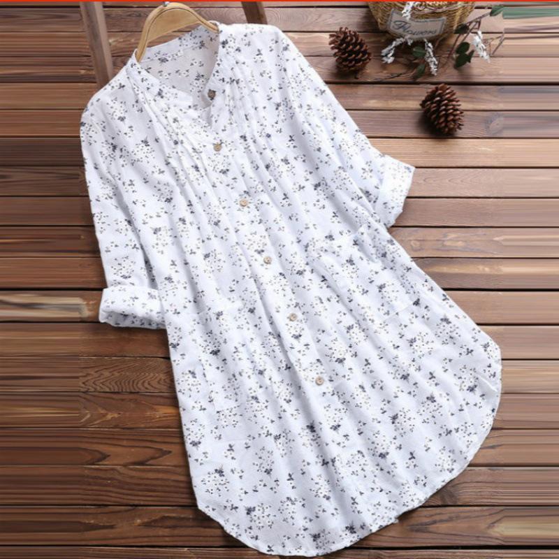 2019 Hot-Selling Women's Cotton & Linen Floral Loose Shirt, Medium and Long Length