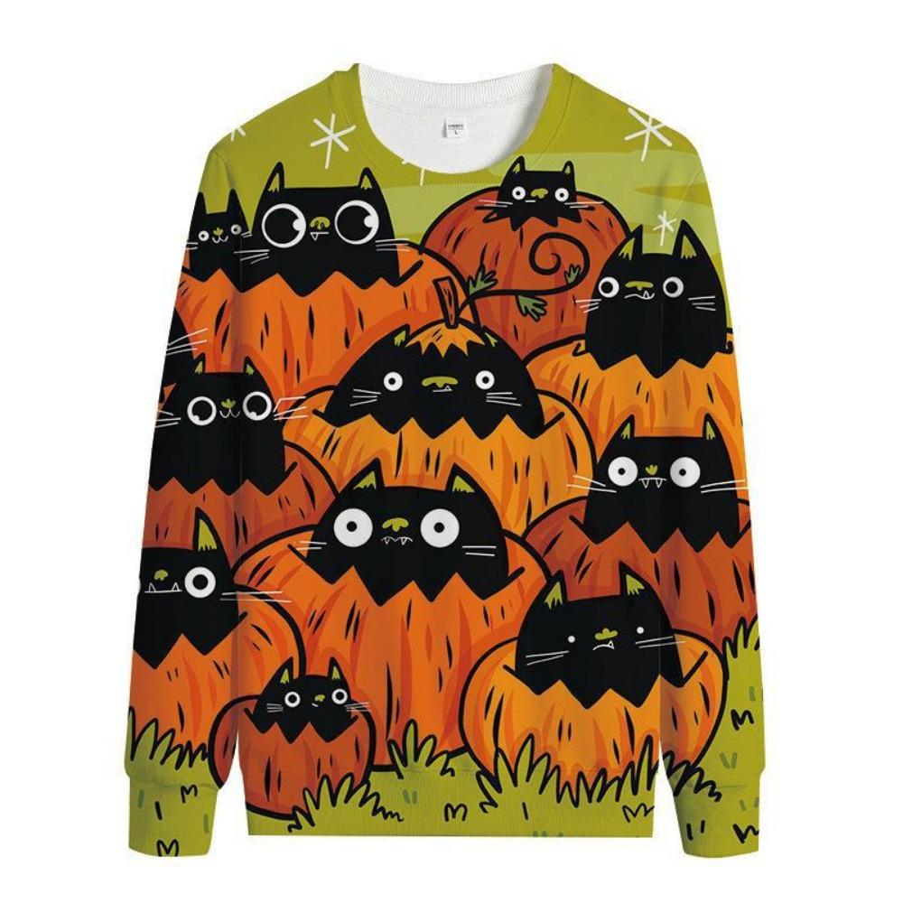 Women's Fashion Hoody Halloween Pumpkin Lamp Print Ghost Bat Sweatshirts Long Sleeved O Neck Hoodies Female Tops