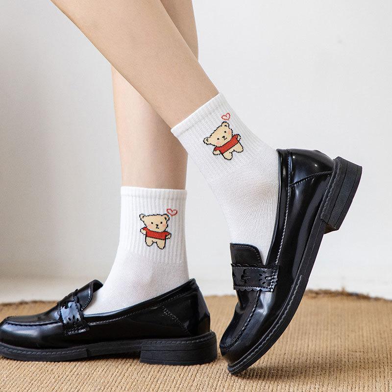 Autumn and Winter Women's Socks Mid-calf White Cartoon Student Bear Rainbow Letter Heart Smiling Face Striped Sports