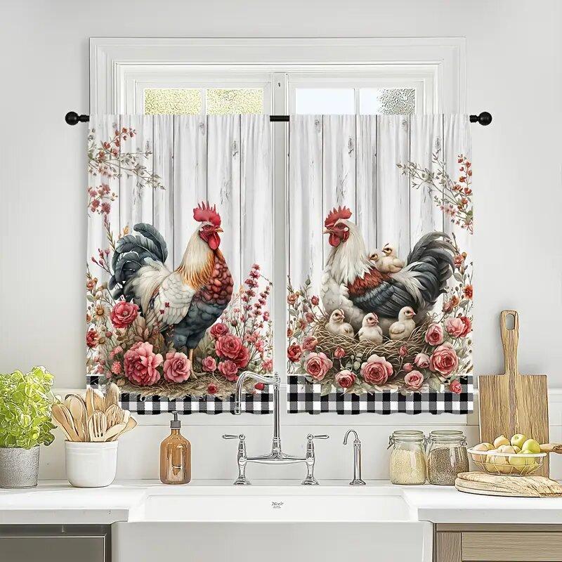 2pcs - Vintage farmhouse floral rooster pattern printed curtains, window decorations, home decorations, room decorations