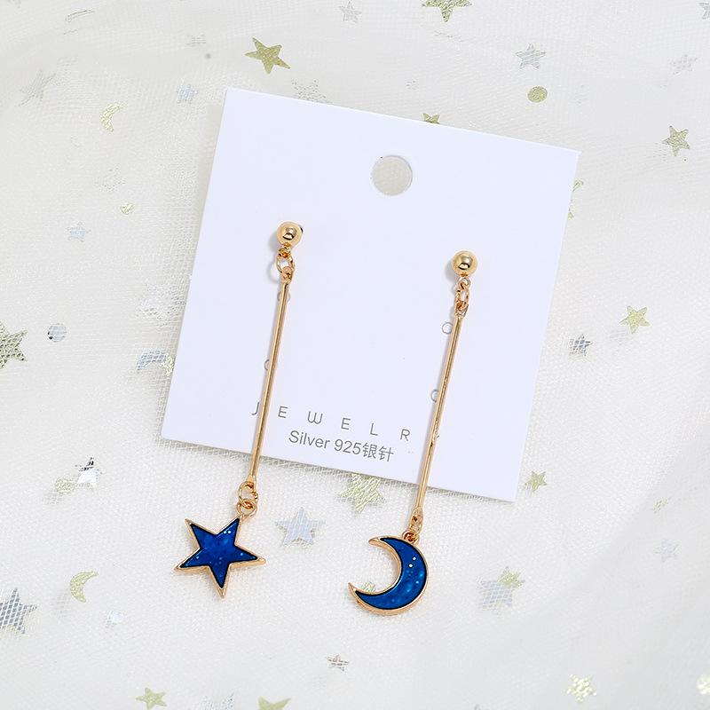 Niche Design Blue Starry Sky Series Simple Stud Earrings, Female Moon Star Temperament Versatile Earrings Long Earrings