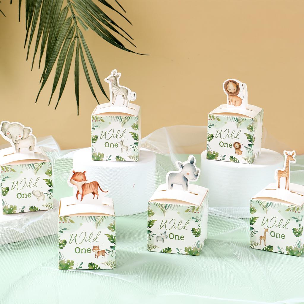 Bonboniéry s džunglovými zvířátky Safari Dekorace na narozeninovou oslavu Dětská dárková balicí krabička Wild One Potřeby na Baby Shower Krabička Taška