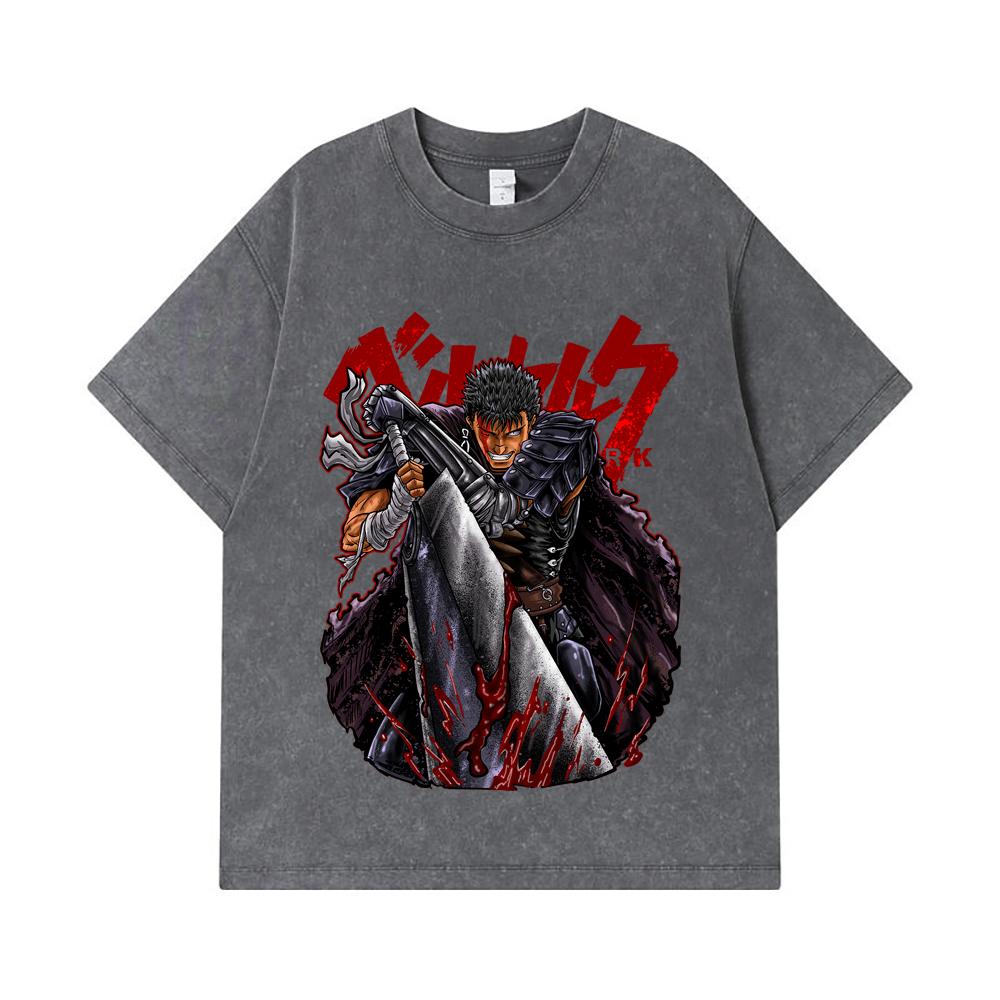 GSM Washed Tshirts Cotton Berserk V Print Unisex Heavy Cotton T Shirt