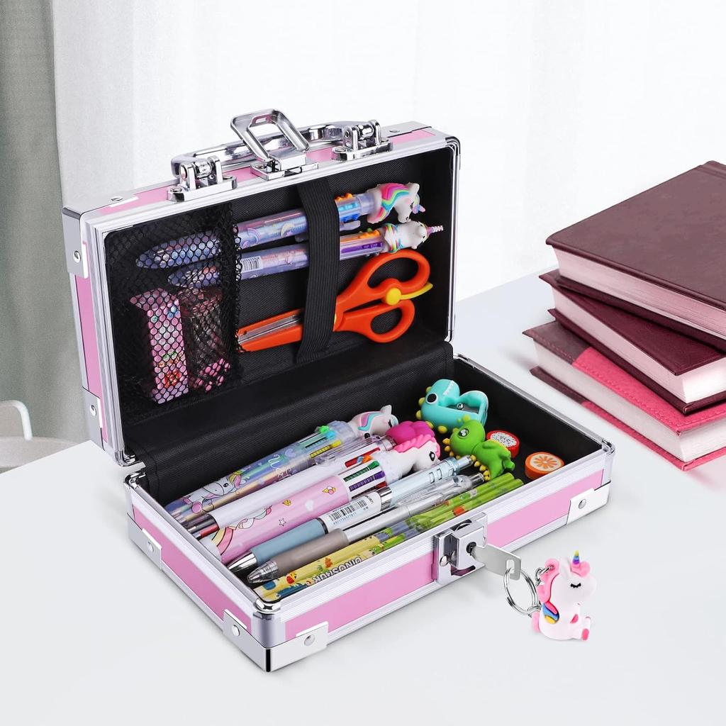 JYPS Unicorn Pencil Box for Girls Boys Kids, Lock Box for School with Portable Handle and Uncorn Keychain, Pink Pencil Box, Cute Unicorn School