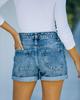 Women's Dark Blue Washed Denim Mid-Waist Shorts - Straight Fit, Cotton, Casual Style, 2021.