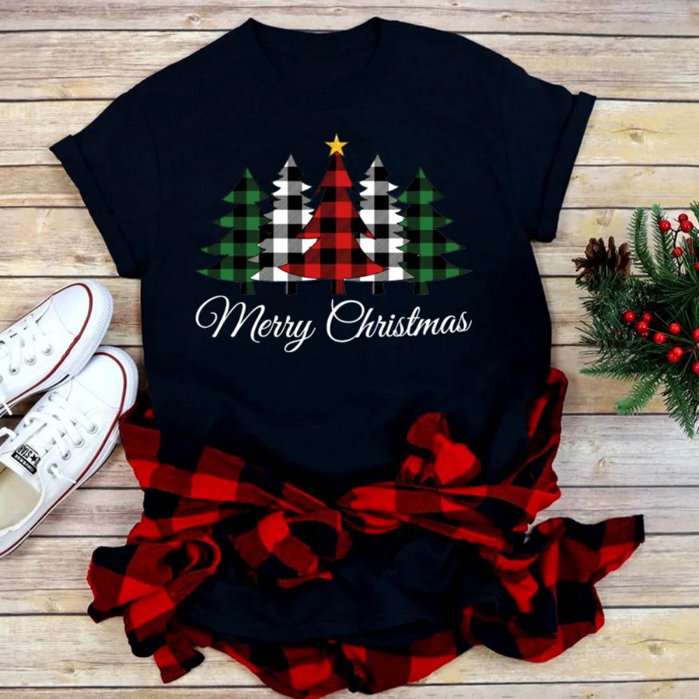 Casual Loose Fit Christmas Tshirt for Women Funny Cartoon Shiny Xmas Tree Print Top Holiday Festival Daily Streetwear Tee