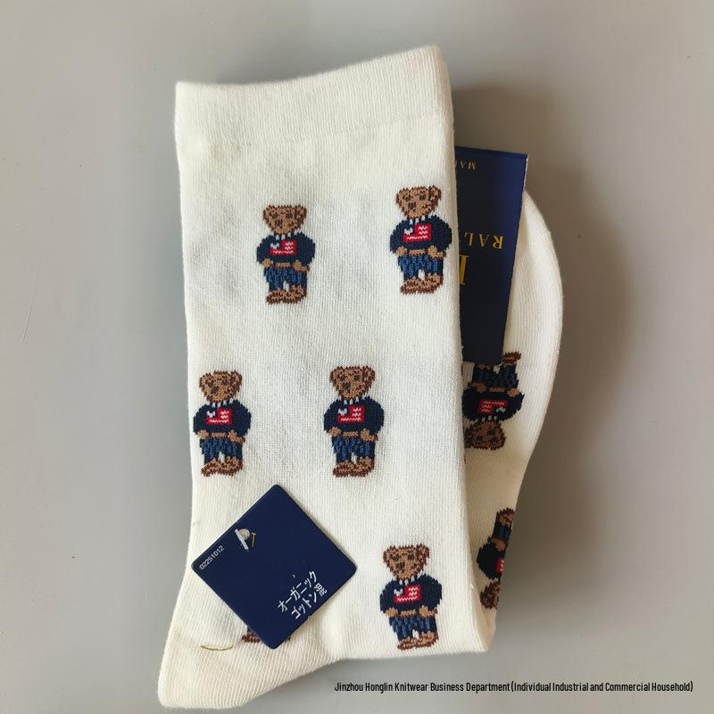 Trendy Little Bear Mid-Calf Women's Cotton Socks for Spring and Autumn