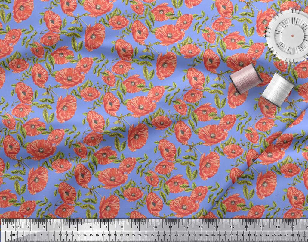 Soimoi Blue Japan Crepe Satin Fabric Leaves & Poppy Floral Print Sewing Fabric metre 42 Inch