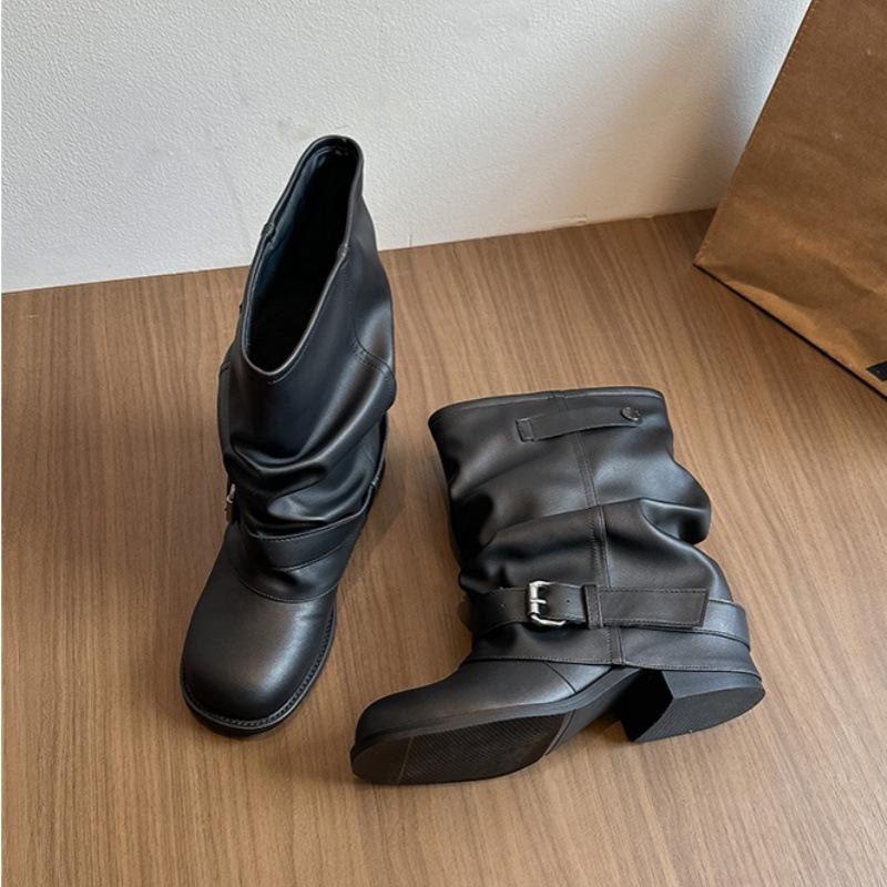Keep it for yourself~ Inner height increase Western cowboy pile boots women's 2025 autumn pleated trousers short boots retro knight Martin boots