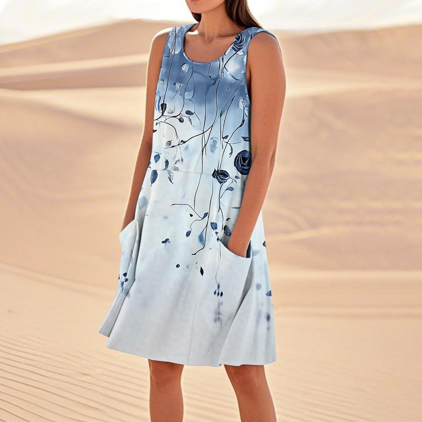 

Платья с принтом для женщин, свободные, пляжные, повседневные, без рукавов, сарафаны с карманами, платье-майка XL небесно-голубой