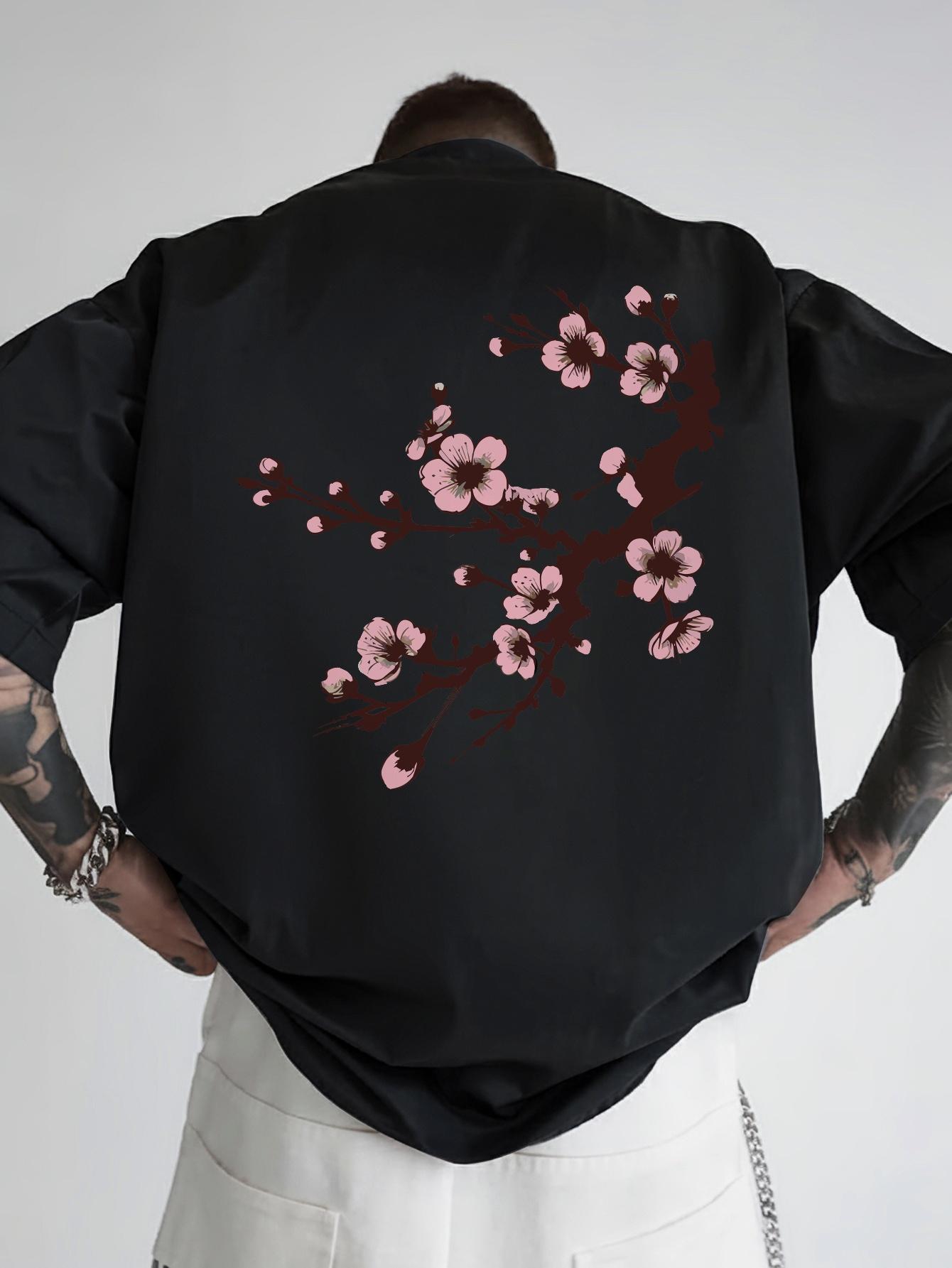 Japanese Back Print T-shirt - Black with Pink Floral Print Design M