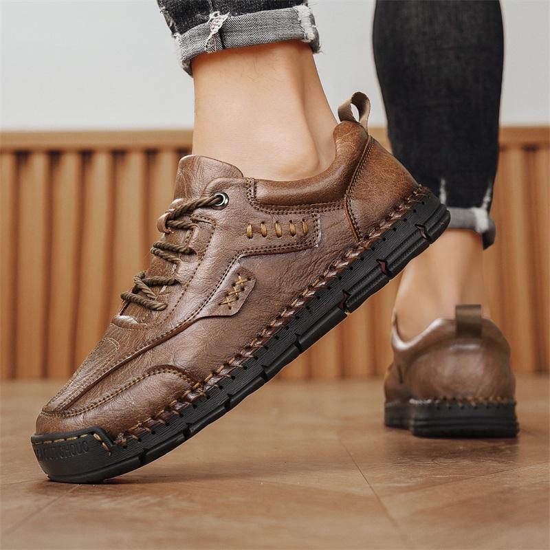 Luxury New Retro Fashion Men's Lace Up Leather Hand-sewn Thread Casual Shoes Designer Platform Walking Footwears Zapatos Hombre