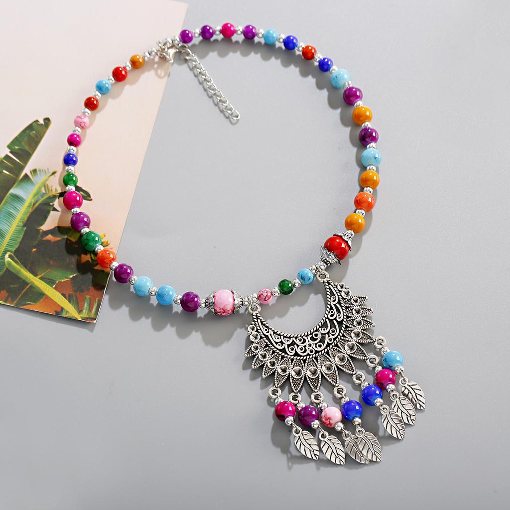 Bohemian Etnický Styl Přírodní Kámen Tyrkysy Náhrdelník Slitinový Přívěsek Kovový Peříček Střapec Náhrdelník Zirkonové Doplňky Ženský