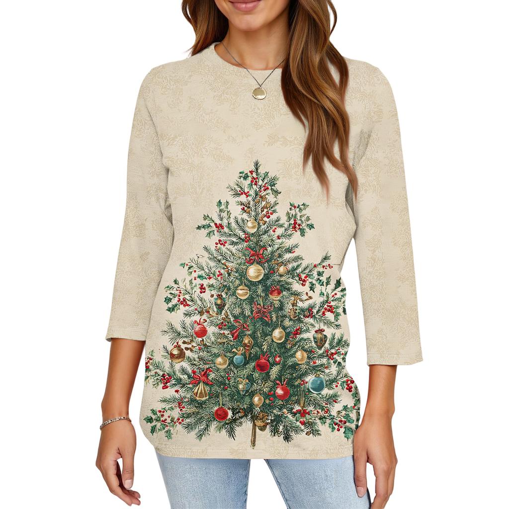 Women's Fashion Casual Christmas Printed Round Neck Long Sleeve Pullover Top