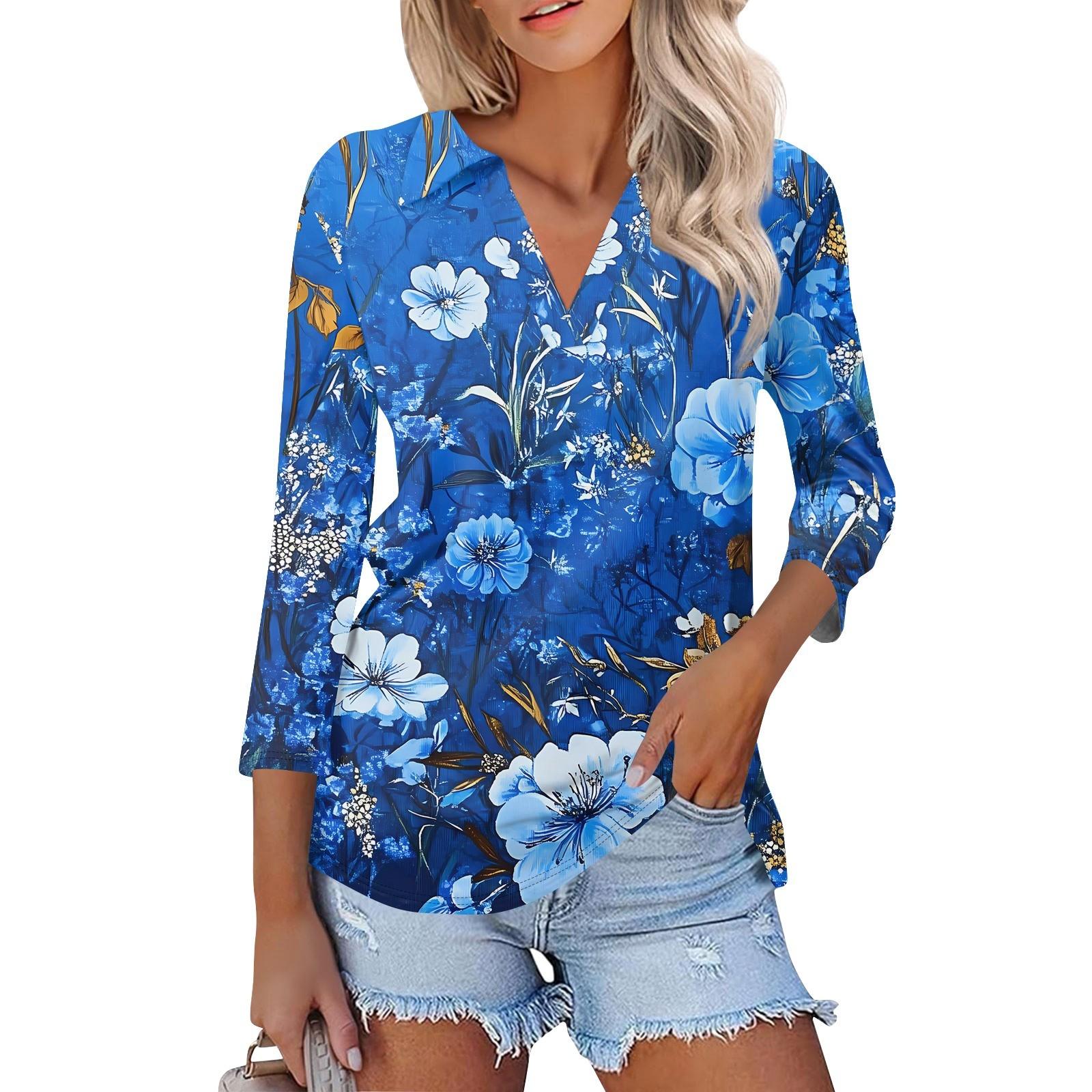 

Women s Fashion Casual Lapel 3/4 Sleeve Printed Shirt Women s V Neck Up Tops XXL синий